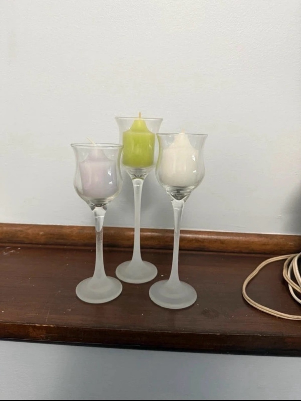 PartyLite Frosted Glass Candle Holders with White, Pink, and Green Candles